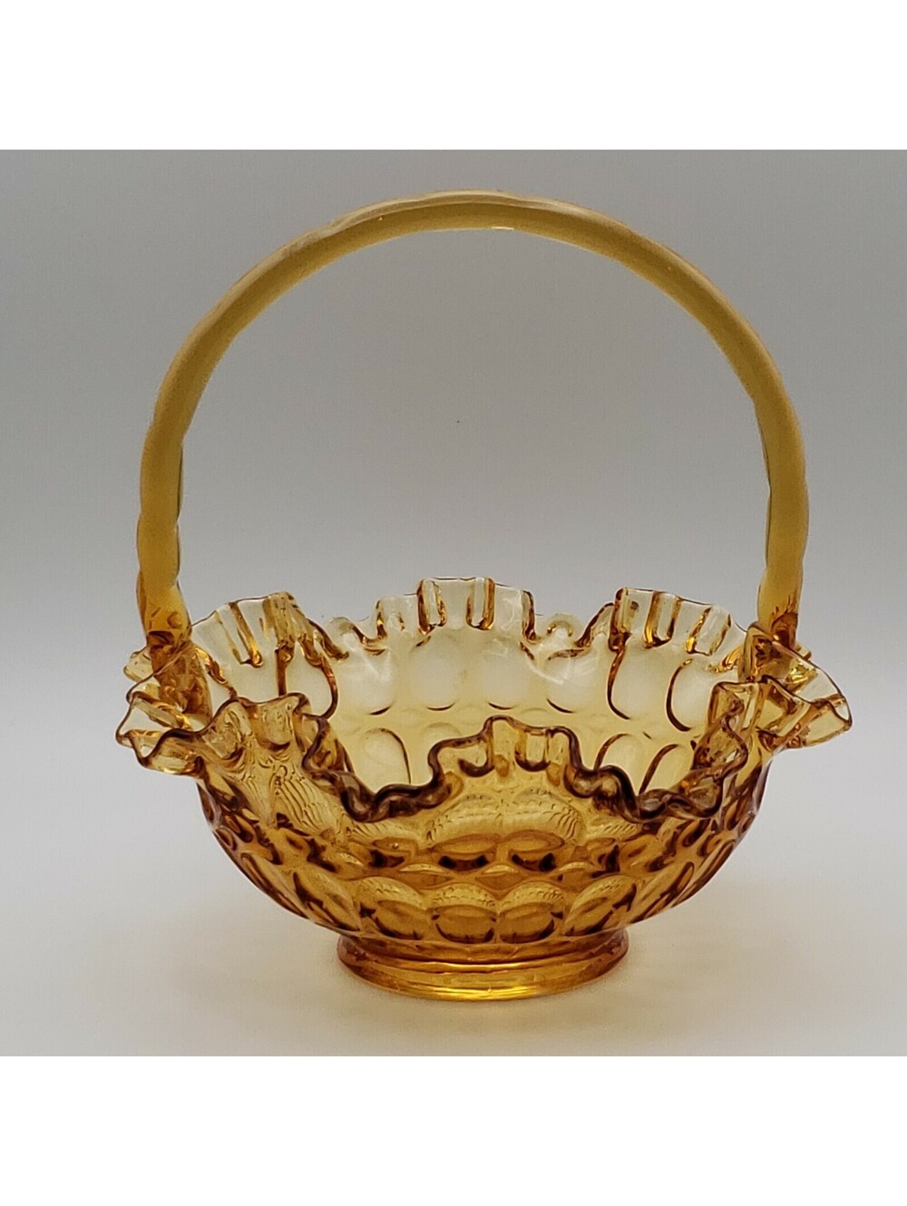Fenton Basket Thumbprint Colonial Amber Art Glass Applied Handle Crimped 8"